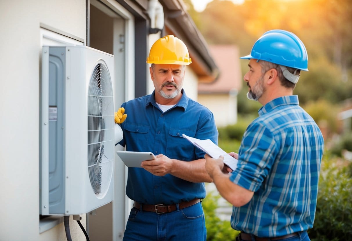 A homeowner i Assens konsulterer med en elektriker om installation af en varmepumpe De diskuterer muligheder og laver planer for installationen